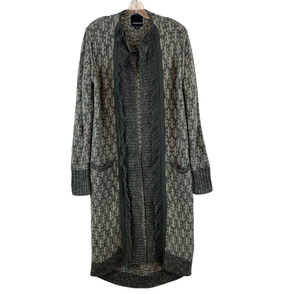 Trouve Gray Acrylic Knit Fringe Trim Long Cardigan Duster Sweater Size Large